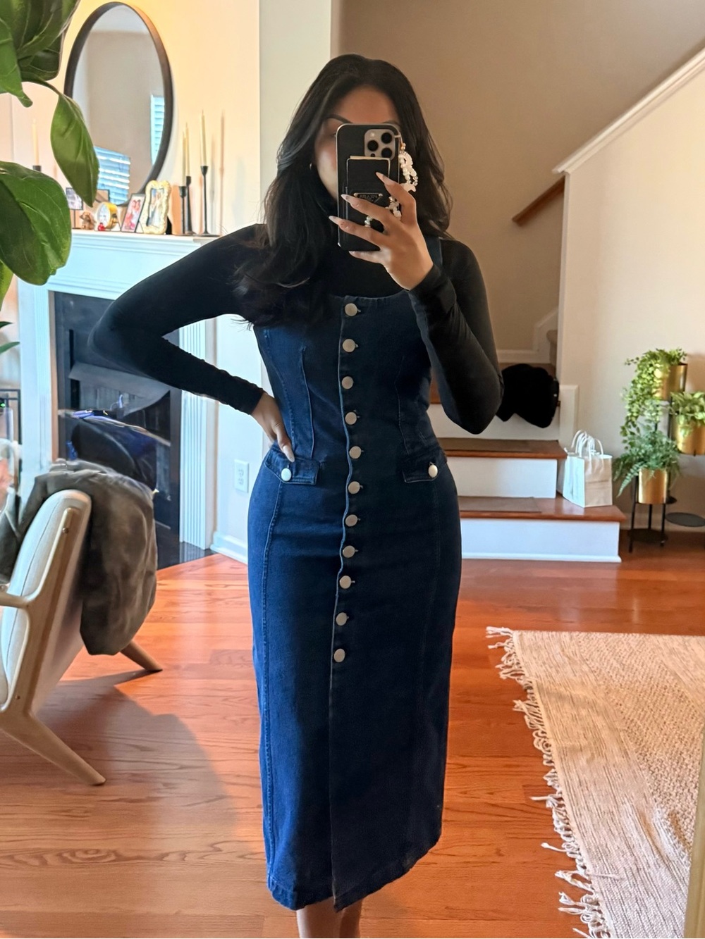 Toccin Raven Scoop Neck Button-Front Denim Midi Dress